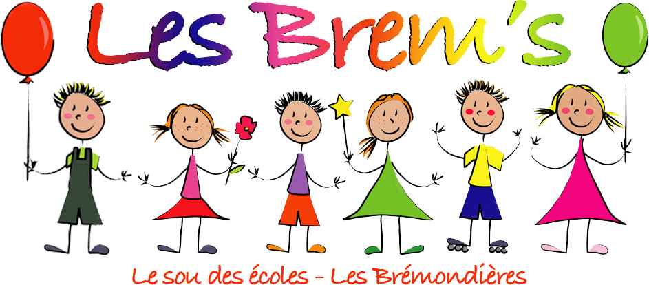 Les Brem’s, le sou des écoles des Brémondières : six enfants dessinés, des ballons et plein de couleurs.